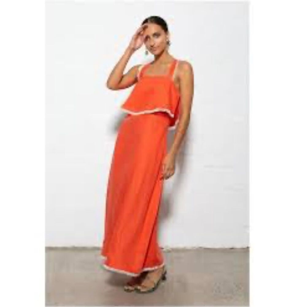 Rare The Wolf Gang Coral Linen Fringe Trim Cross Back Maxi Dress Women's XS